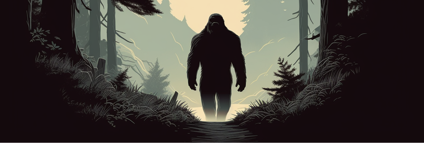 Silhouette of a Bigfoot in a forest.